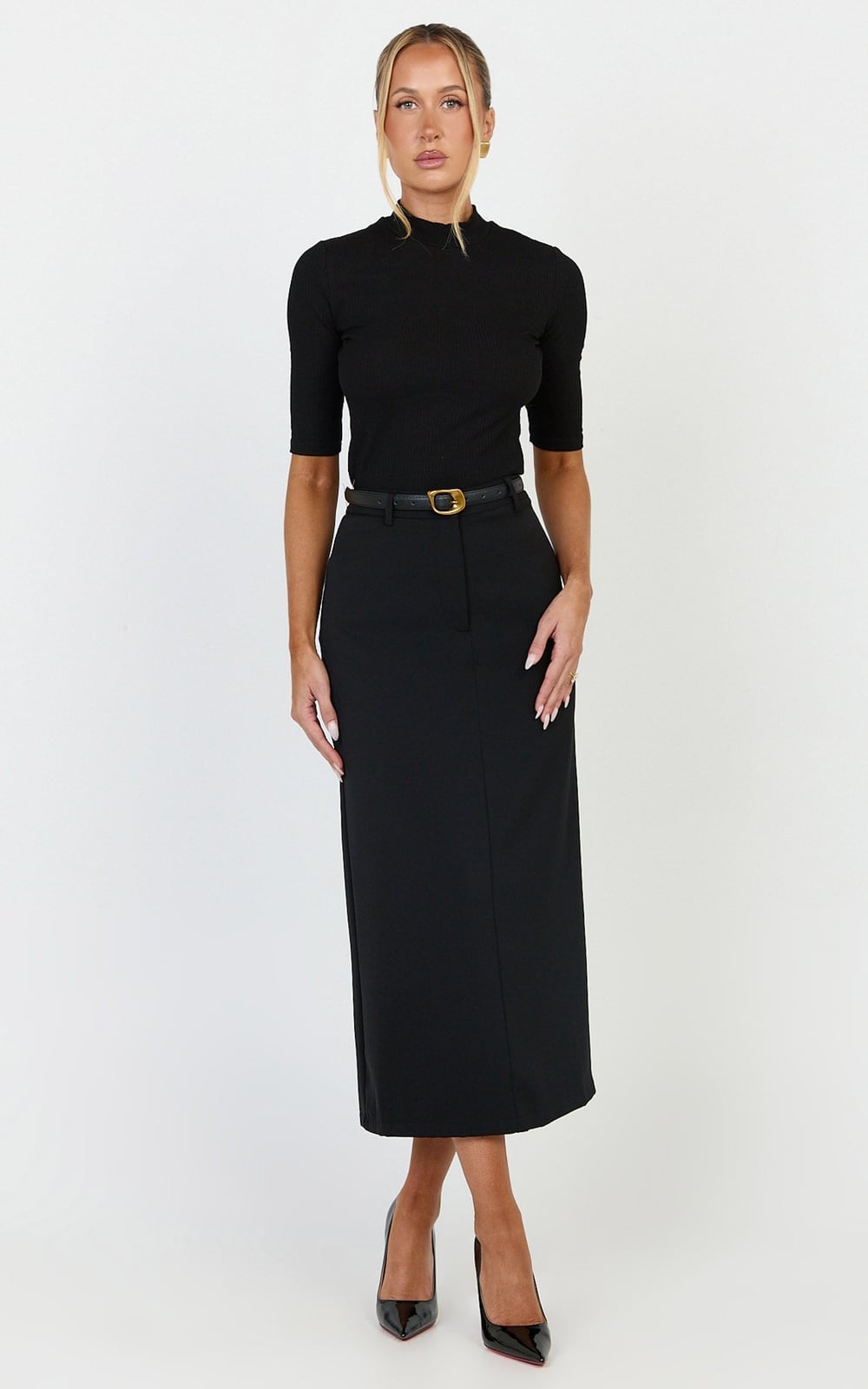 Black Pencil Midi Skirt With Fitted Top And Belt — Classy Black Midi Skirt Outfit