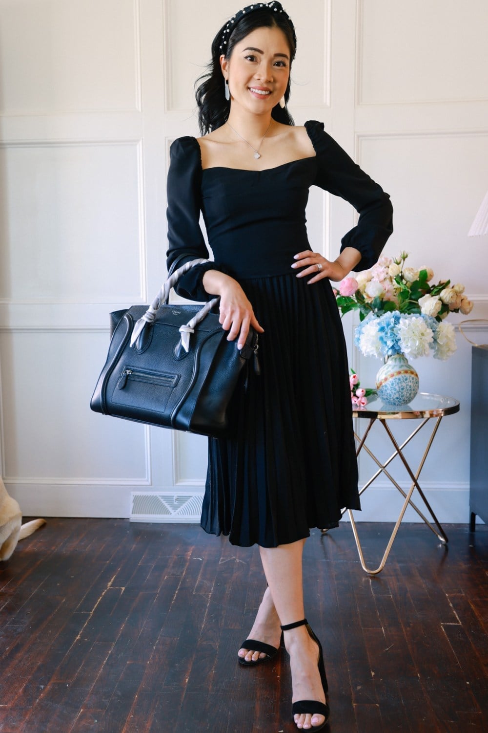 Black Pleated Midi Skirt With Long Sleeve Top — Classy Black Midi Skirt Outfit