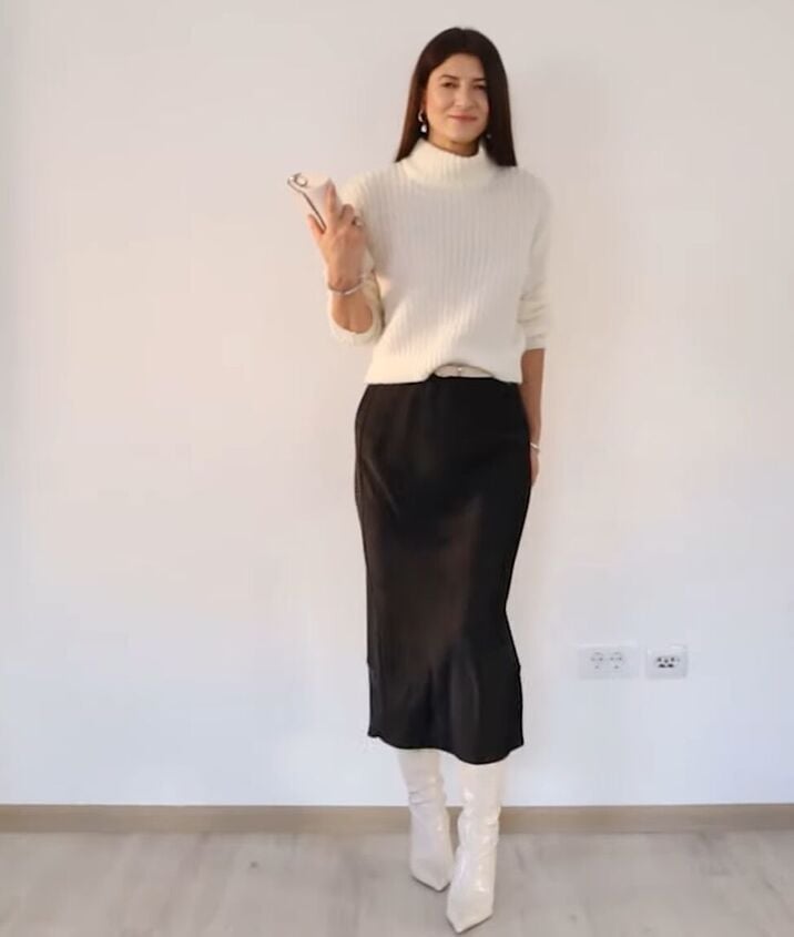 Black Satin Midi Skirt With White Knit Sweater — Classy Black Midi Skirt Outfit