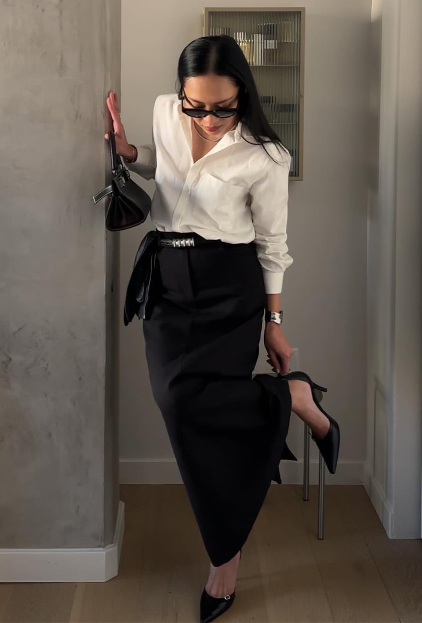 Black Wide Leg Midi Skirt With Oversized White Shirt — Classy Black Midi Skirt Outfit