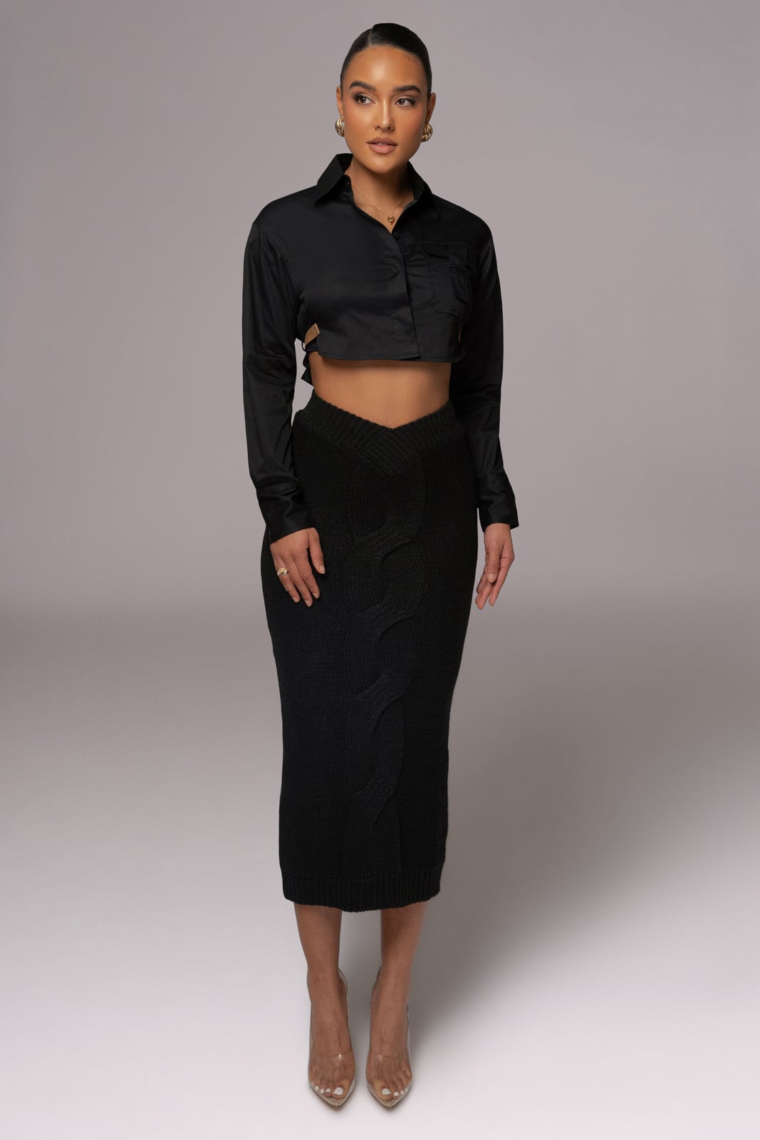 Black Cable Knit Midi Skirt With Cropped Satin Shirt — Classy Black Midi Skirt Outfit