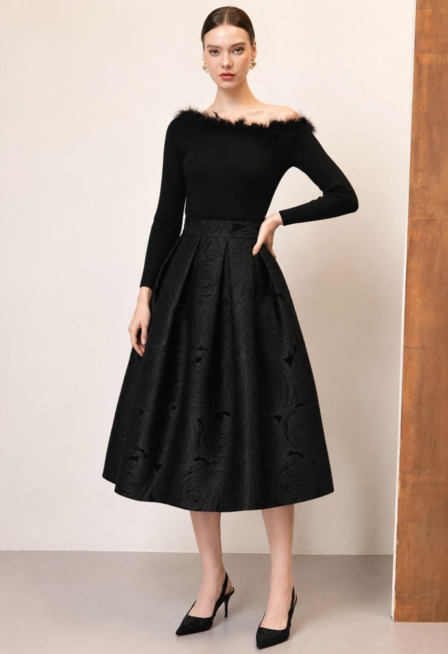 Jacquard Black Midi Skirt With Feather Trim Top — Classy Black Midi Skirt Outfit