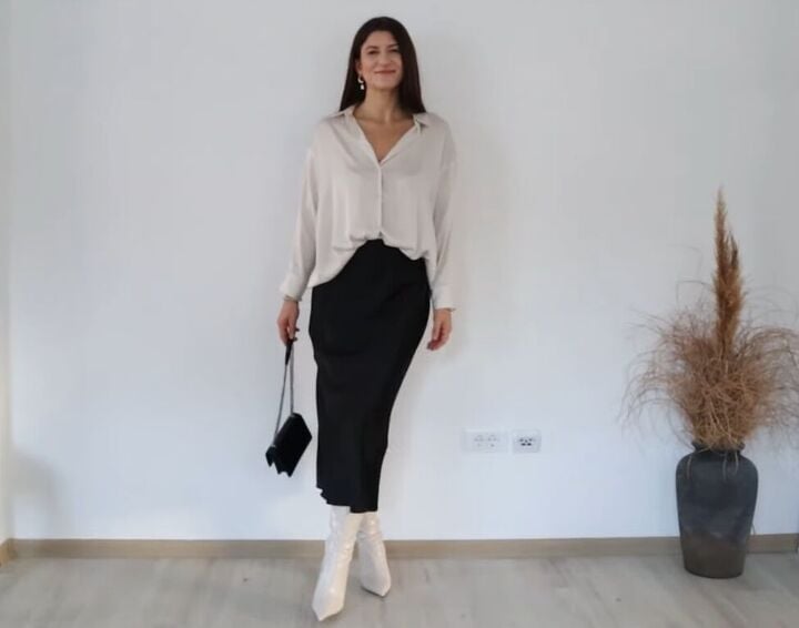Black Straight Midi Skirt With Satin Button-Up Shirt — Classy Black Midi Skirt Outfit