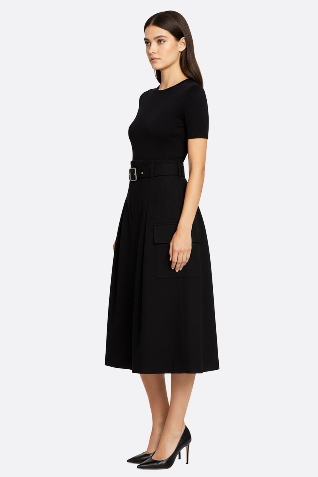 Black Midi Skirt With Oversized Pockets And Knit Top — Classy Black Midi Skirt Outfit