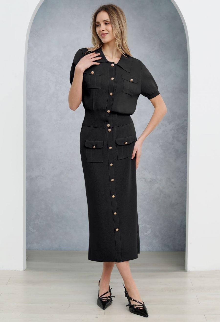 Black Knit Midi Skirt Set With Button Details — Classy Black Midi Skirt Outfit