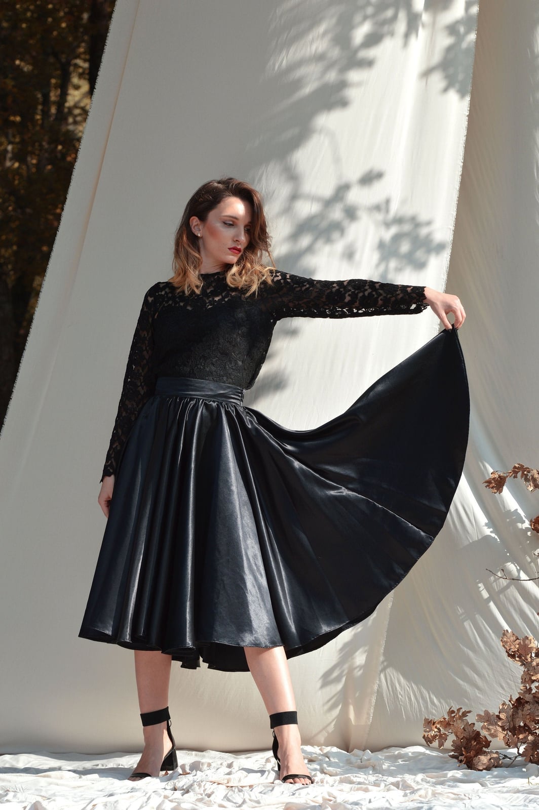 Voluminous Black Satin Midi Skirt With Lace Top — Classy Black Midi Skirt Outfit