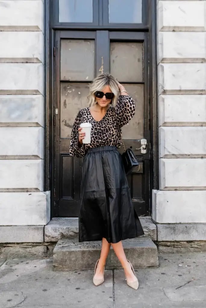 Black Leather Midi Skirt With Leopard Print Blouse — Classy Black Midi Skirt Outfit
