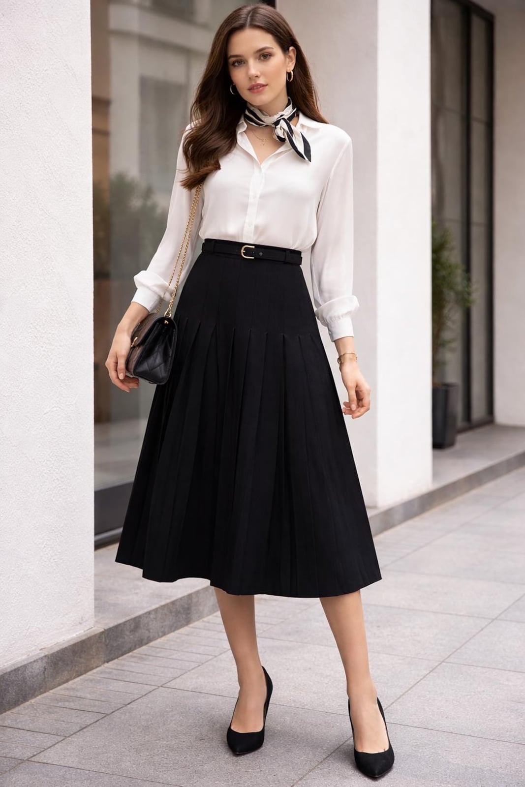 Pleated Black Midi Skirt With White Button-Down Shirt — Classy Black Midi Skirt Outfit