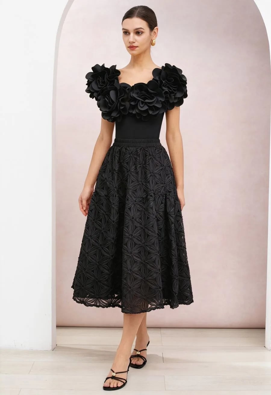 Embroidered Black Tulle Midi Skirt With Fitted Top — Classy Black Midi Skirt Outfit