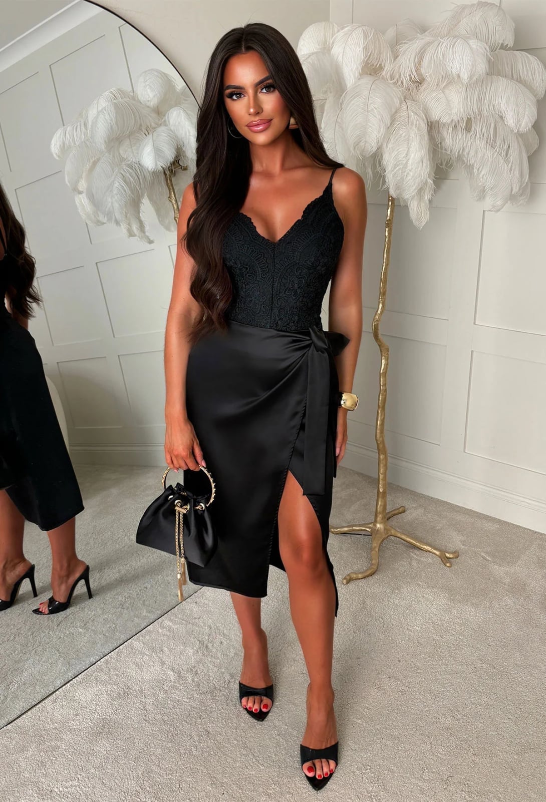 Black Satin Wrap Midi Skirt With Lace Camisole — Classy Black Midi Skirt Outfit