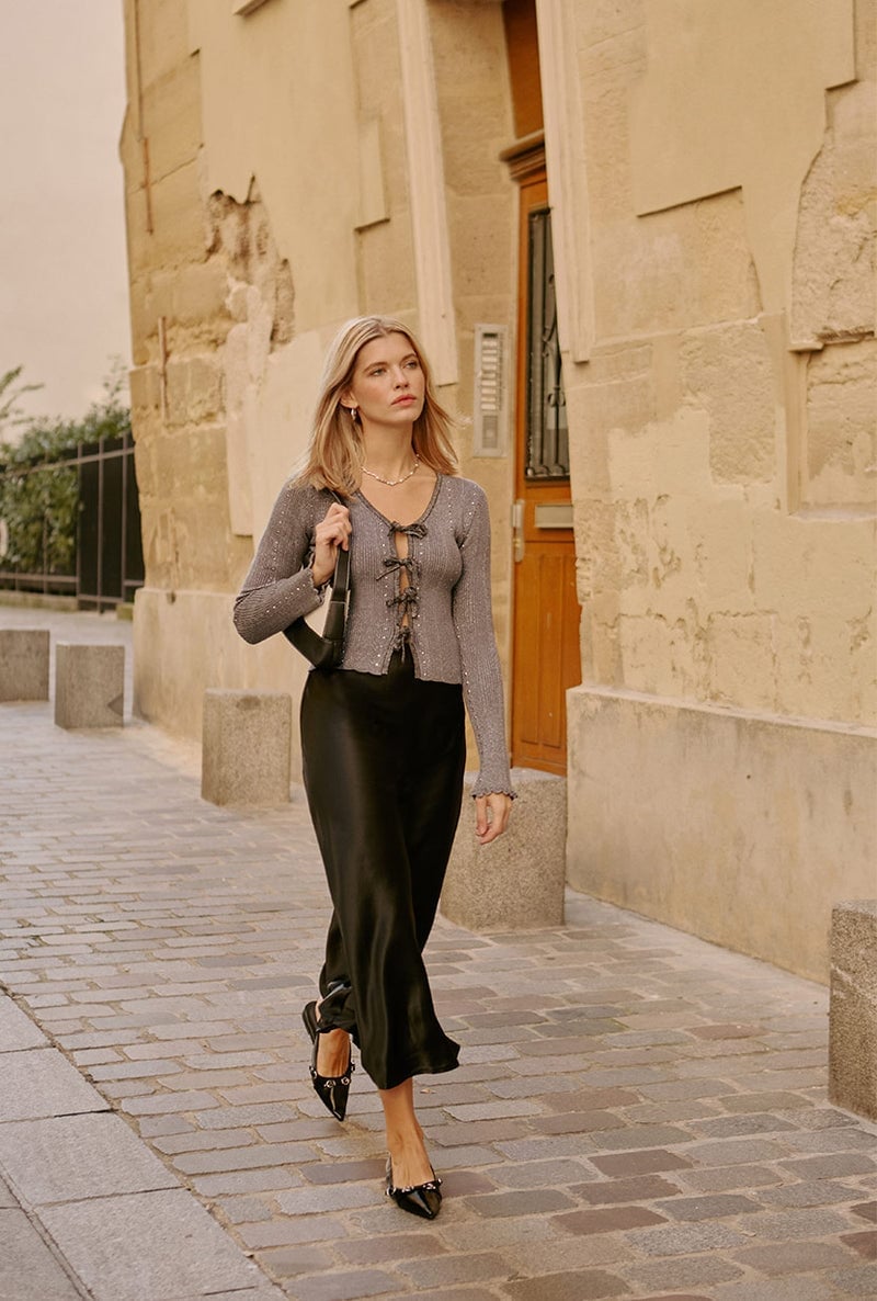 Lustrous Black Satin Midi Skirt With Cardigan — Classy Black Midi Skirt Outfit