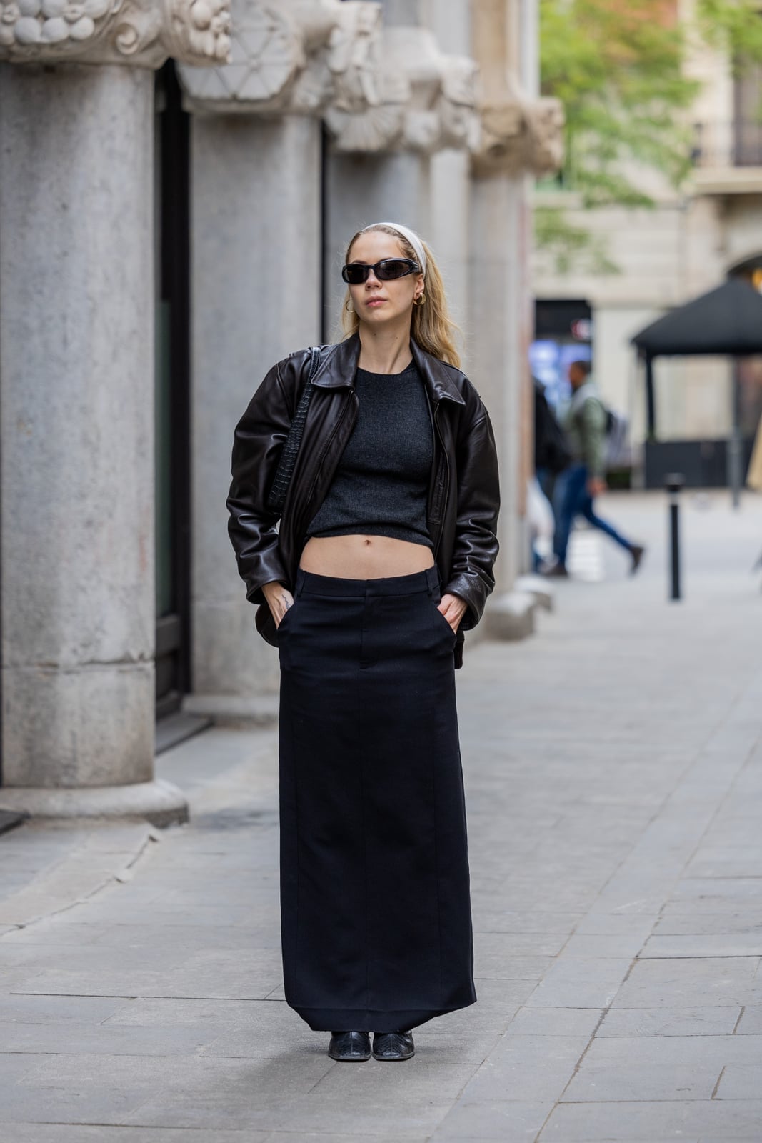 Black Maxi Skirt with Grey Crop Top and Leather Jacket — Classy Black Skirt Outfit