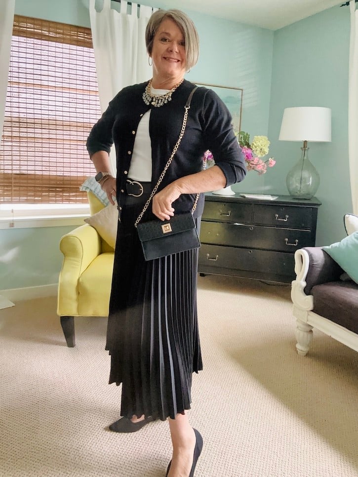 Black Pleated Midi Skirt with White T-Shirt and Cardigan — Classy Black Skirt Outfit