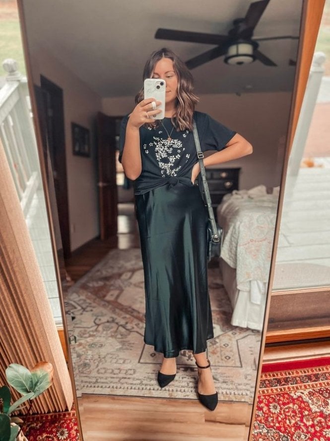 Black Satin Slip Skirt with Graphic T-Shirt — Classy Black Skirt Outfit