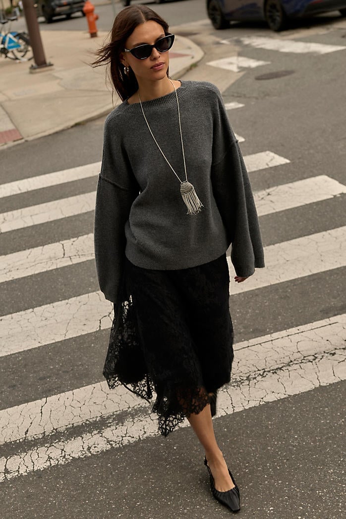 Black Lace Midi Skirt with Oversized Grey Knit Sweater — Classy Black Skirt Outfit
