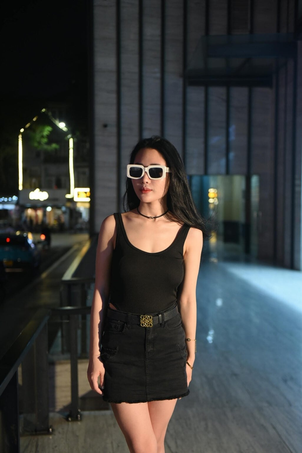 Distressed Black Denim Mini Skirt with Tank Top and Pointed-Toe Heels — Classy Black Skirt Outfit