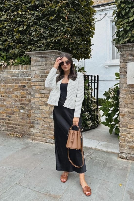 Black Slip Skirt with Cream Knit Cardigan — Classy Black Skirt Outfit