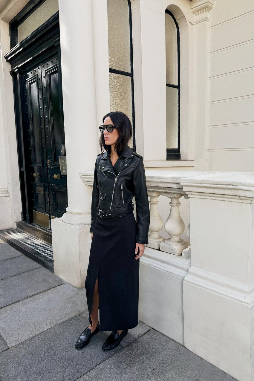 Black Maxi Skirt with Leather Biker Jacket — Classy Black Skirt Outfit