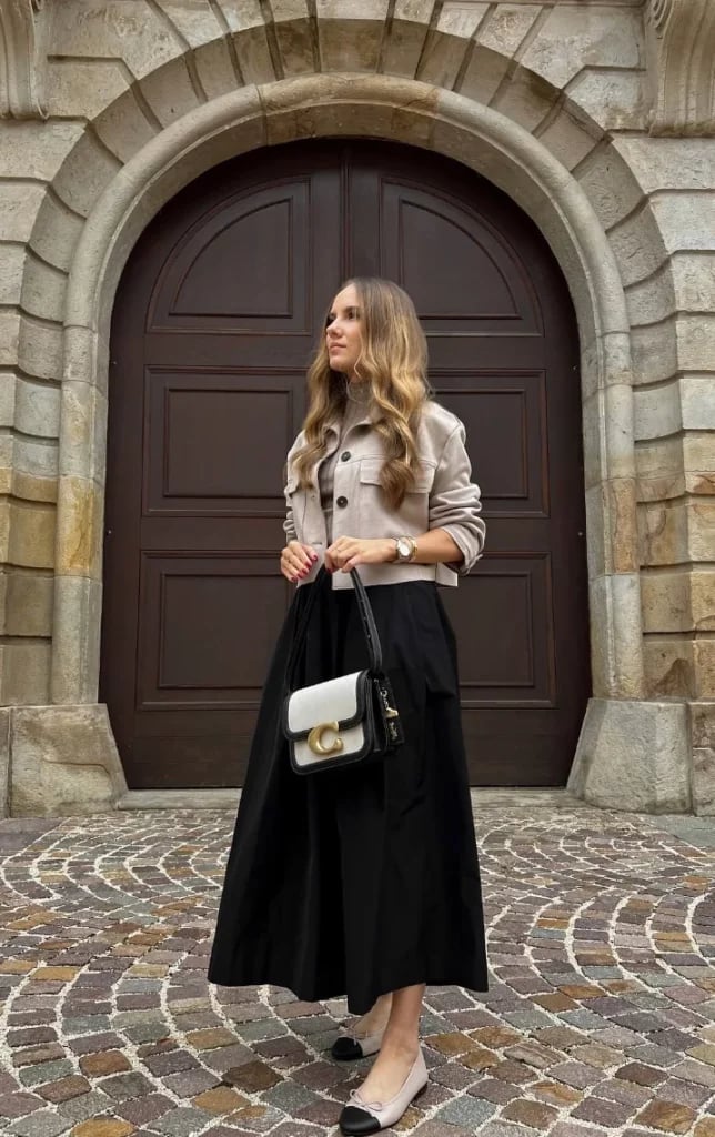 Black Full Midi Skirt with Beige Cropped Jacket — Classy Black Skirt Outfit