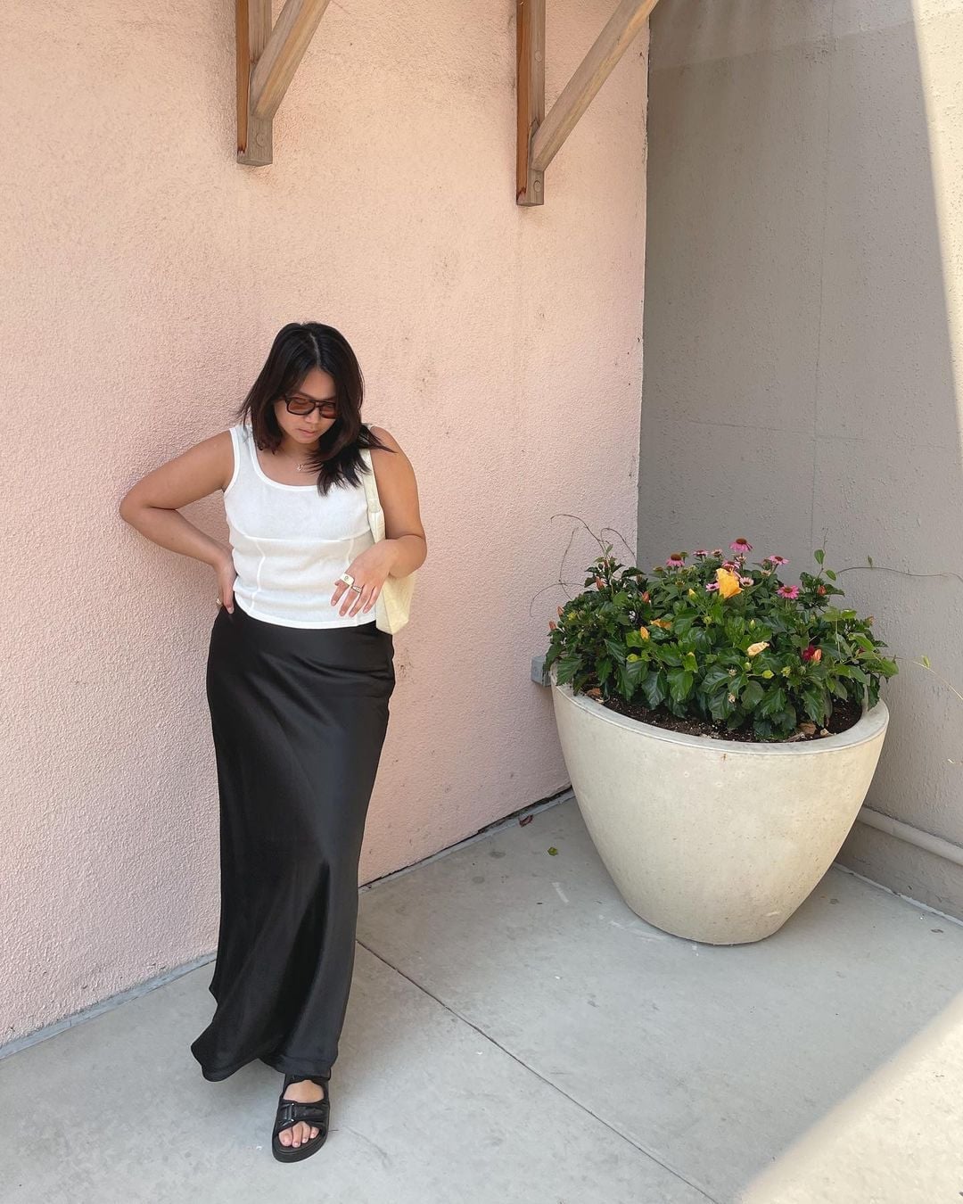 Long Black Silk Slip Skirt with White Tank Top — Classy Black Skirt Outfit