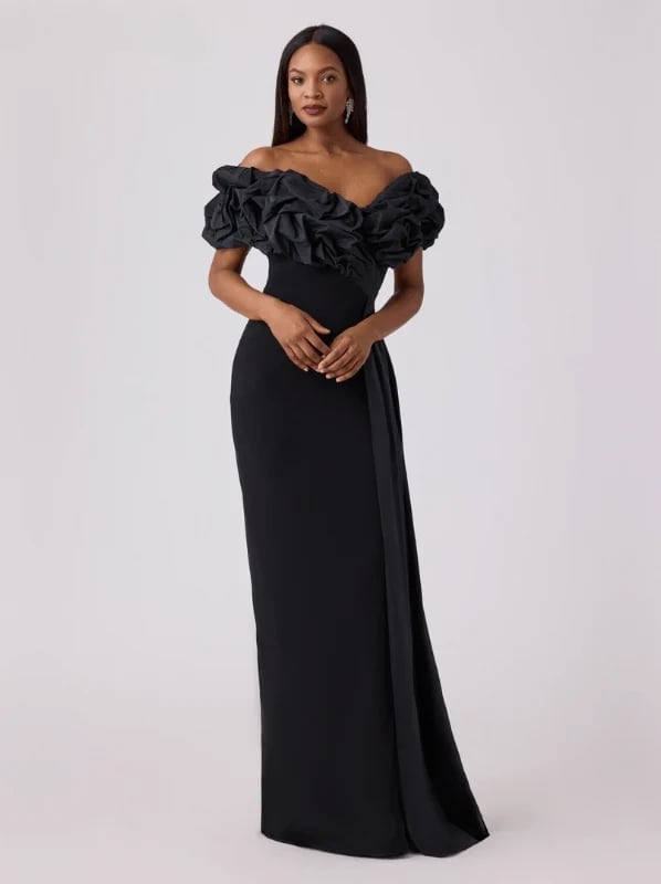 Black Off The Shoulder Ruffled Column Dress Black Off The Shoulder Ruffled Column Dress — Classy Black Tie Dresses