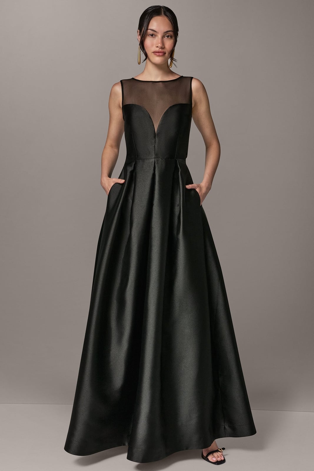 Black Satin Ballgown With Sheer Illusion Neckline Black Satin Ballgown With Sheer Illusion Neckline — Classy Black Tie Dresses