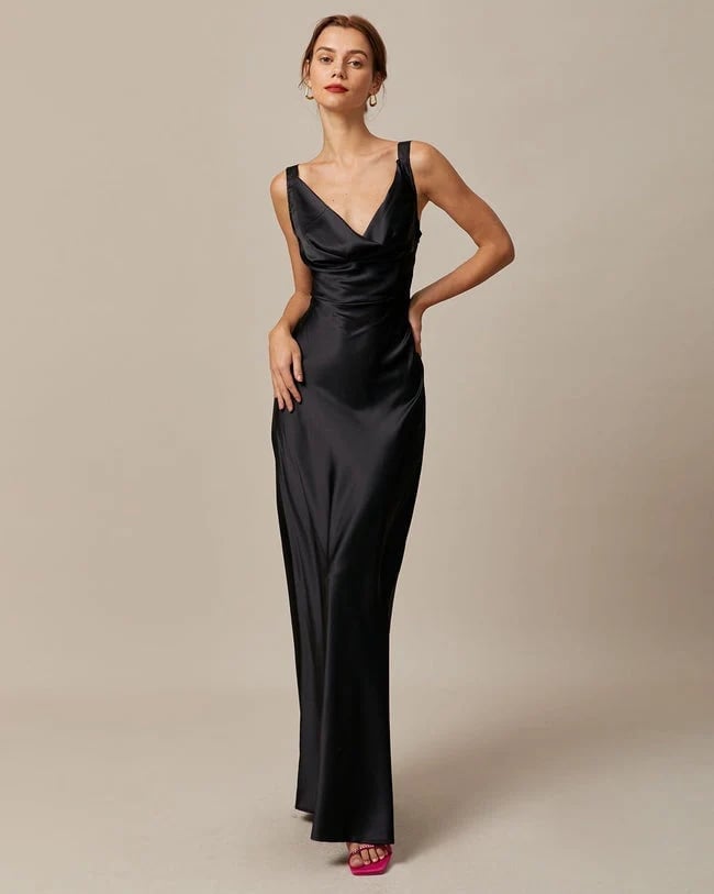 Black Satin Cowl Neck Slip Dress Black Satin Cowl Neck Slip Dress — Classy Black Tie Dresses