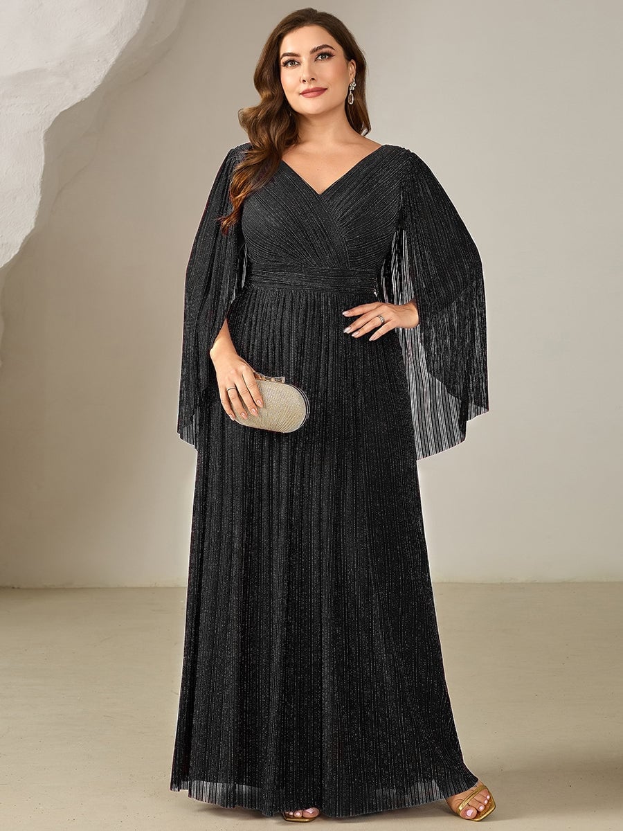 Black Pleated A-Line Dress With Cape Sleeves Black Pleated A-Line Dress With Cape Sleeves — Classy Black Tie Dresses