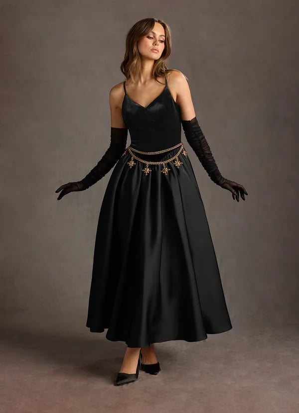 Black Satin A-Line Dress With Ornate Belt Black Satin A-Line Dress With Ornate Belt — Classy Black Tie Dresses