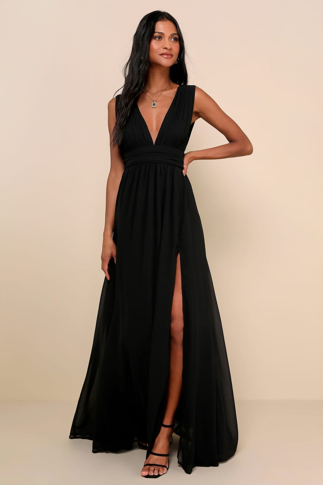 Floor Length Black Chiffon Gown With Deep V-Neckline Floor Length Black Chiffon Gown With Deep V-Neckline — Classy Black Tie Dresses