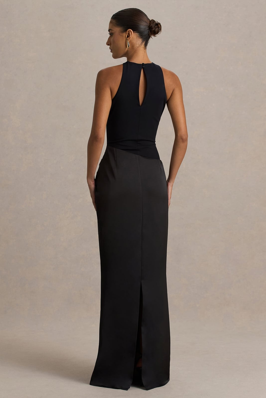 Black Satin Crepe Column Dress With Keyhole Back Black Satin Crepe Column Dress With Keyhole Back — Classy Black Tie Dresses