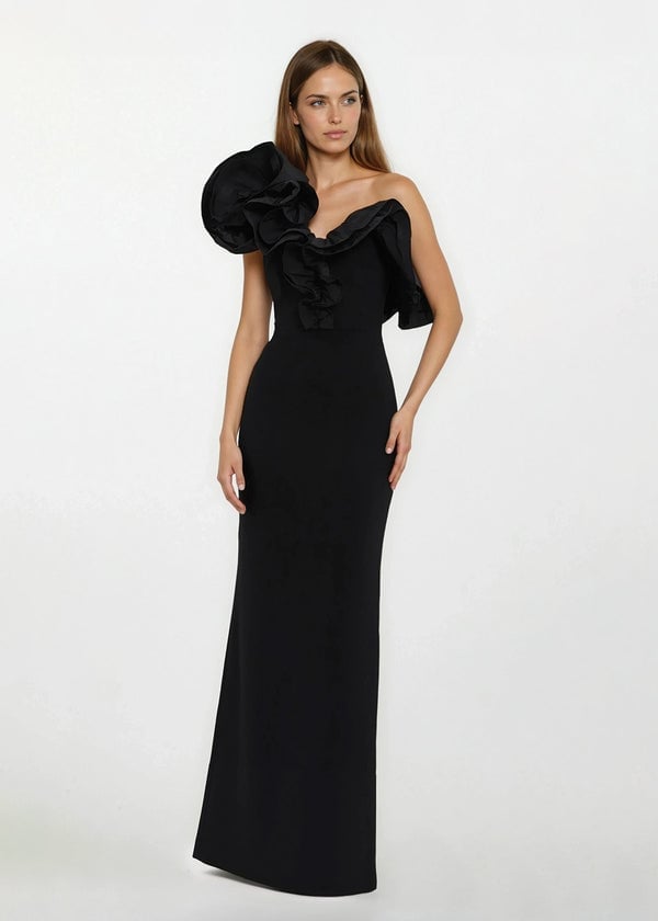 Black Crepe One Shoulder Dress With Ruffled Detail Black Crepe One Shoulder Dress With Ruffled Detail — Classy Black Tie Dresses