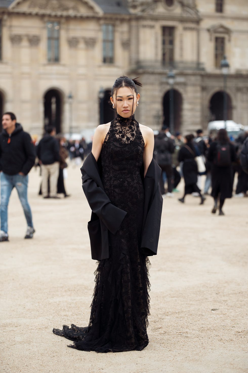 Black Lace Column Gown With Tiered Hem Black Lace Column Gown With Tiered Hem — Classy Black Tie Dresses