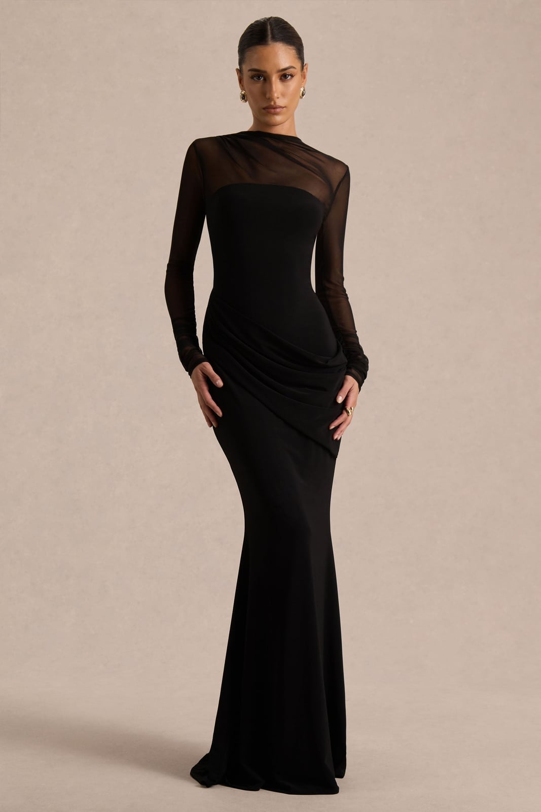 Ruched Black Jersey Mermaid Gown With Sheer Sleeves Ruched Black Jersey Mermaid Gown With Sheer Sleeves — Classy Black Tie Dresses