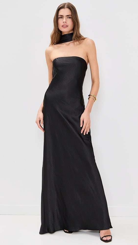 Black Satin Strapless Dress With Choker Detail Black Satin Strapless Dress With Choker Detail — Classy Black Tie Dresses