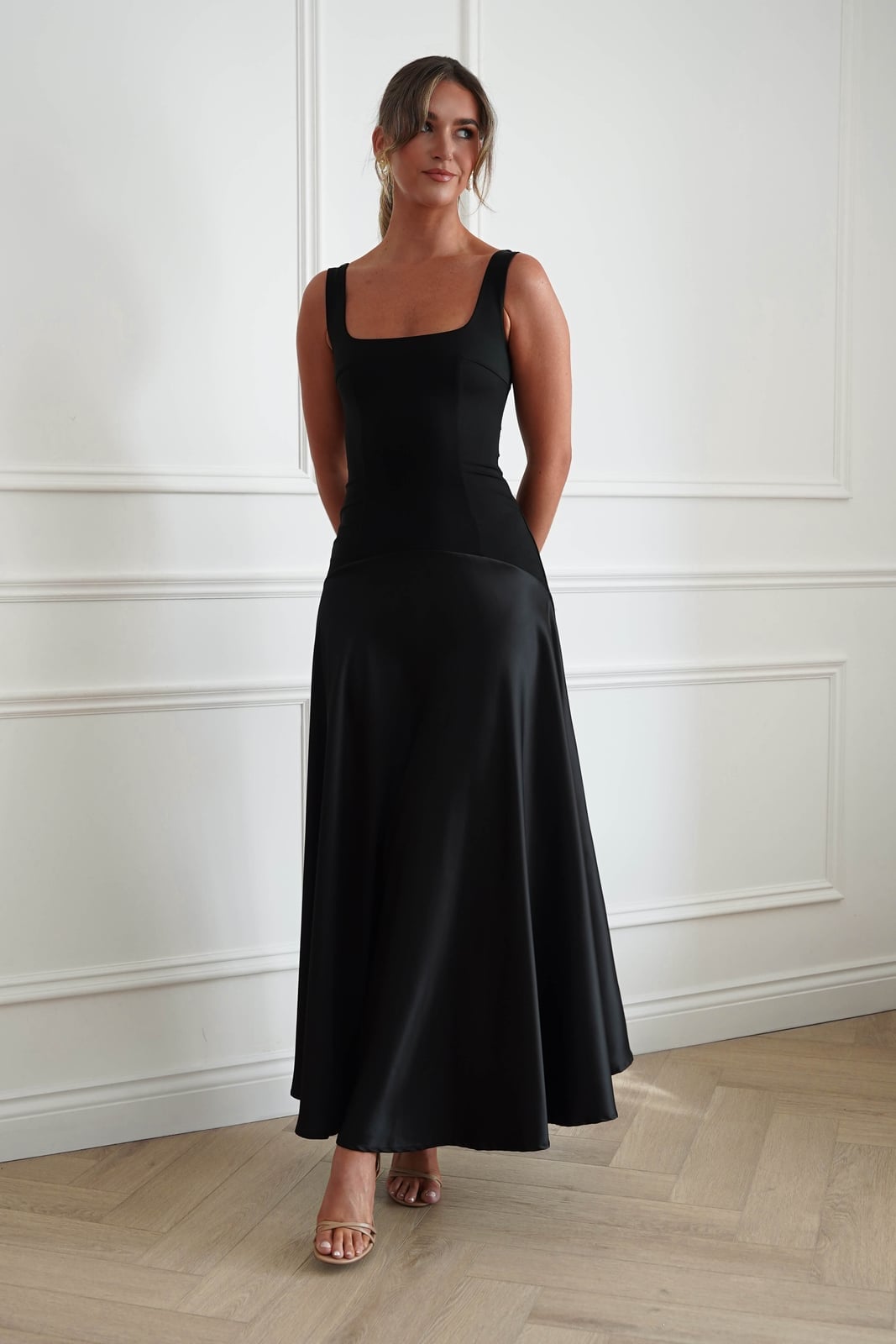 Fitted Bodice Flared Satin Skirt Dress — Classy Black Tie Outfits