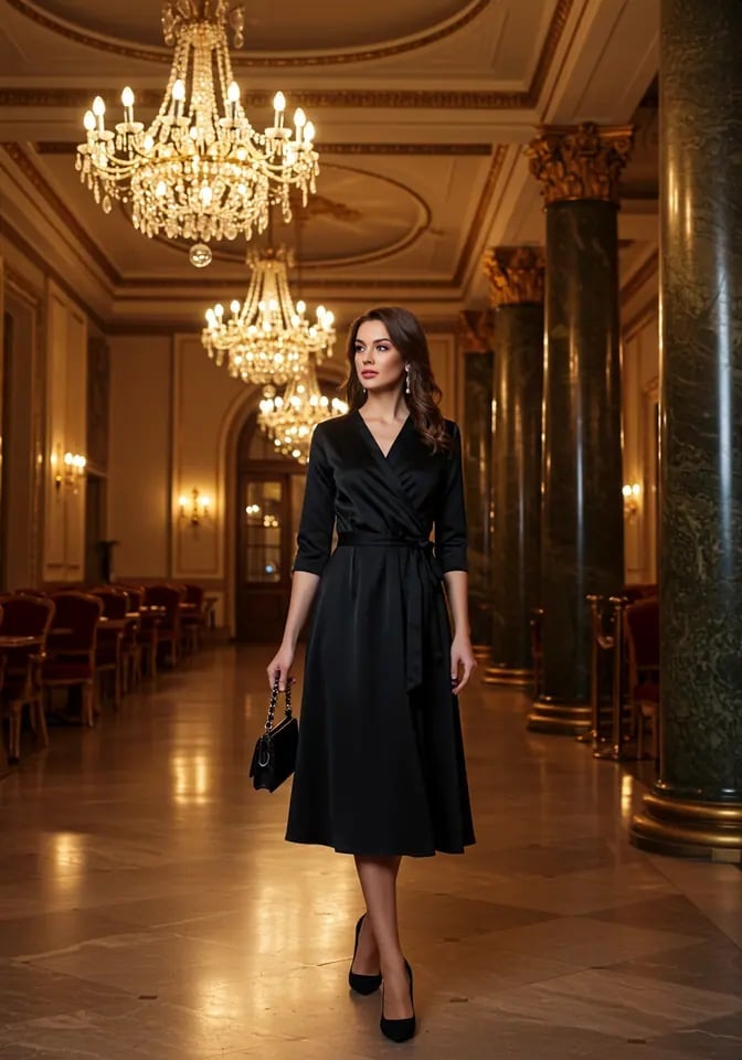 Satin Wrap Dress with Tie Waist — Classy Black Tie Outfits