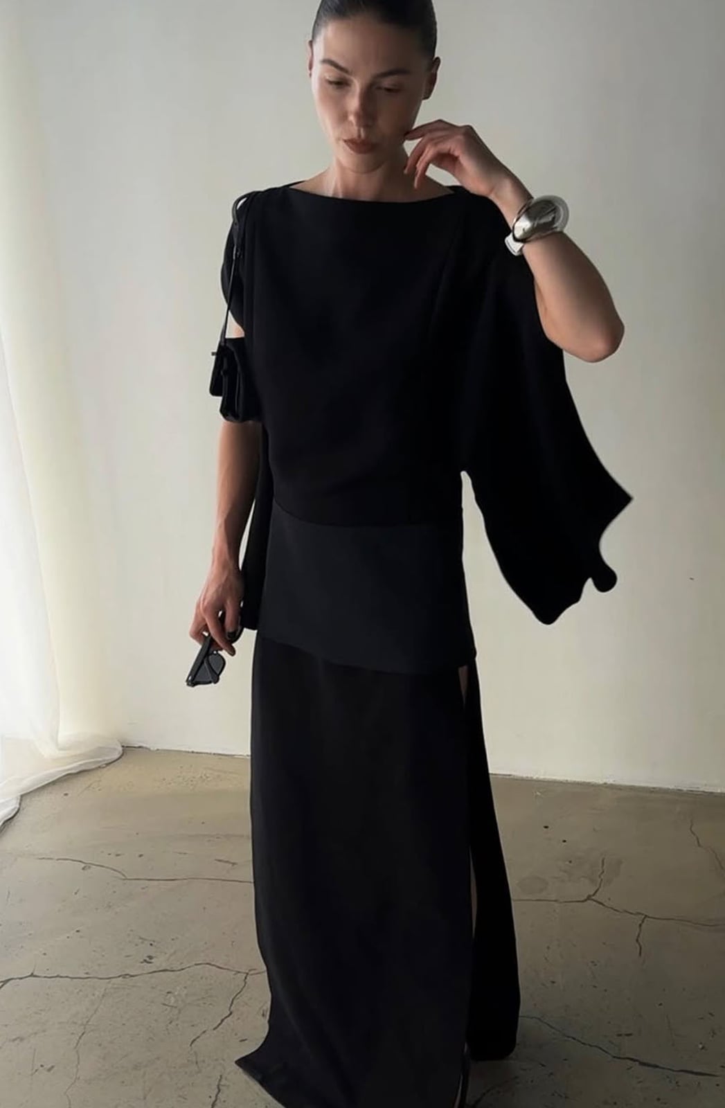 Asymmetrical Draped Top with High-Waisted Skirt — Classy Black Tie Outfits
