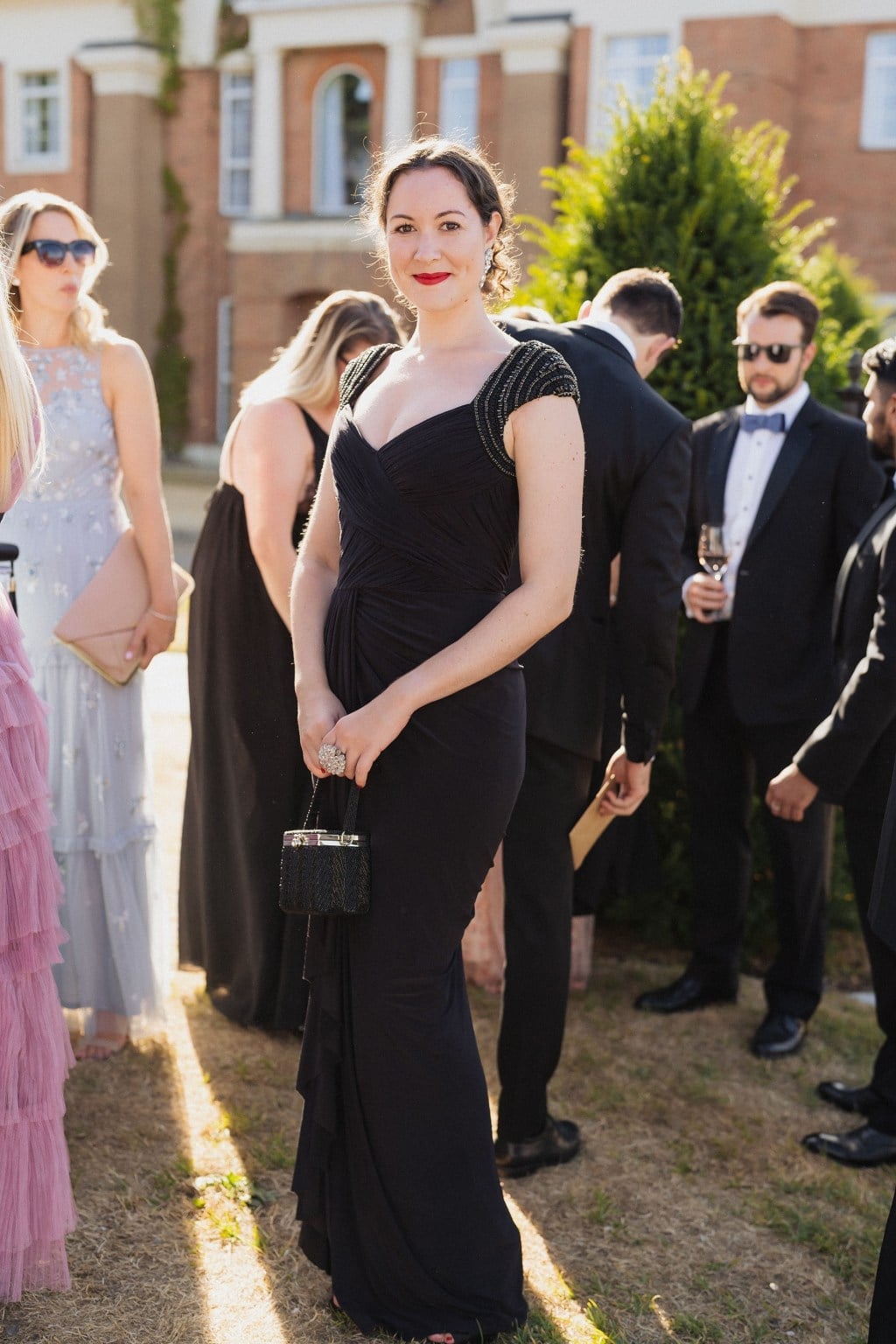 Ruched Black Gown with Beaded Shoulders — Classy Black Tie Outfits