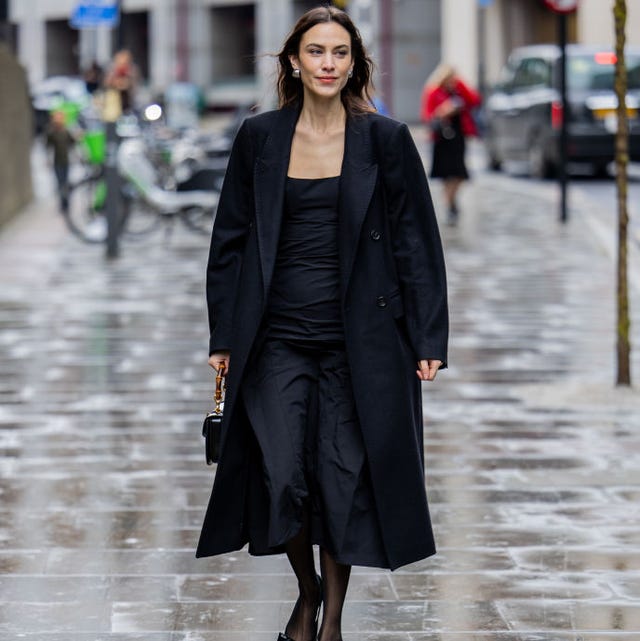 Black Dress with Oversized Wool Coat — Classy Black Tie Outfits