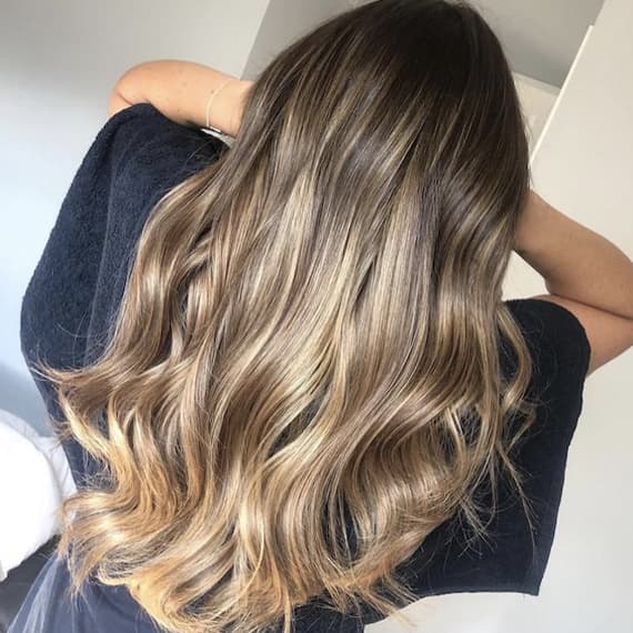 Mid-Back Waves With Dimensional Highlights, Wavy — Classy Blonde Highlights on Dark Hair