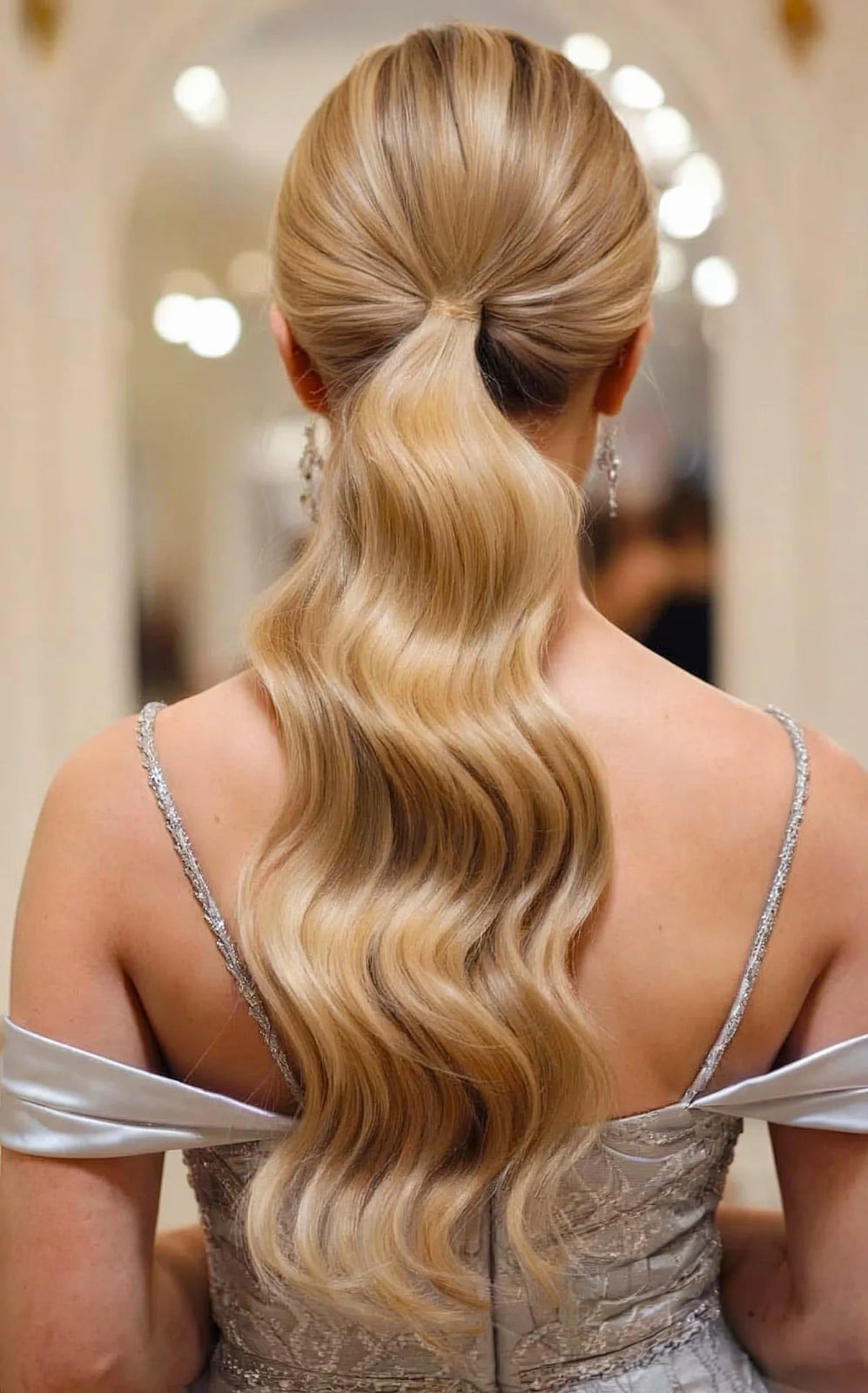 Sleek Mid-Back Ash Blonde Ponytail With Waves Sleek Mid-Back Ash Blonde Ponytail With Waves — Classy Blonde Ponytail