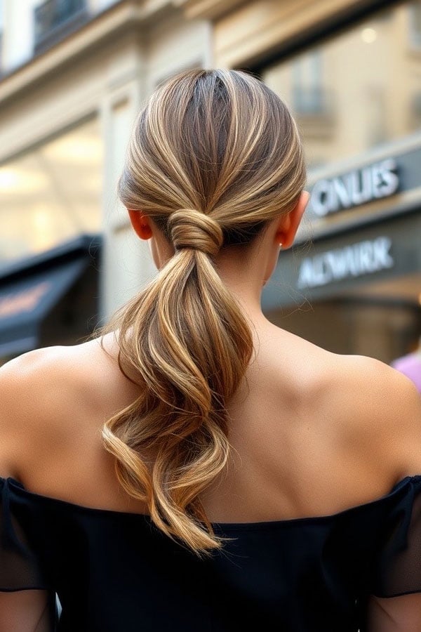 Shoulder Length Caramel Blonde Ponytail With Knot Detail Shoulder Length Caramel Blonde Ponytail With Knot Detail — Classy Blonde Ponytail
