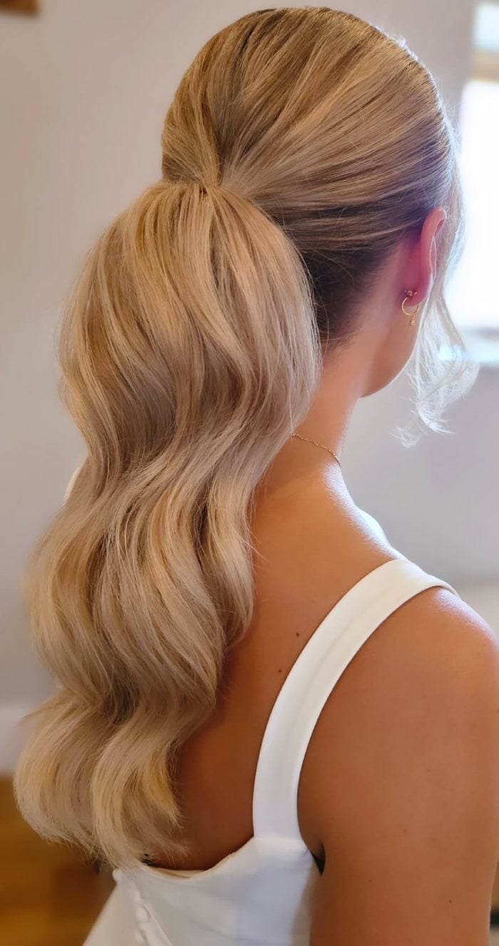 Platinum Blonde Low Ponytail With Root Shadow Platinum Blonde Low Ponytail With Root Shadow — Classy Blonde Ponytail