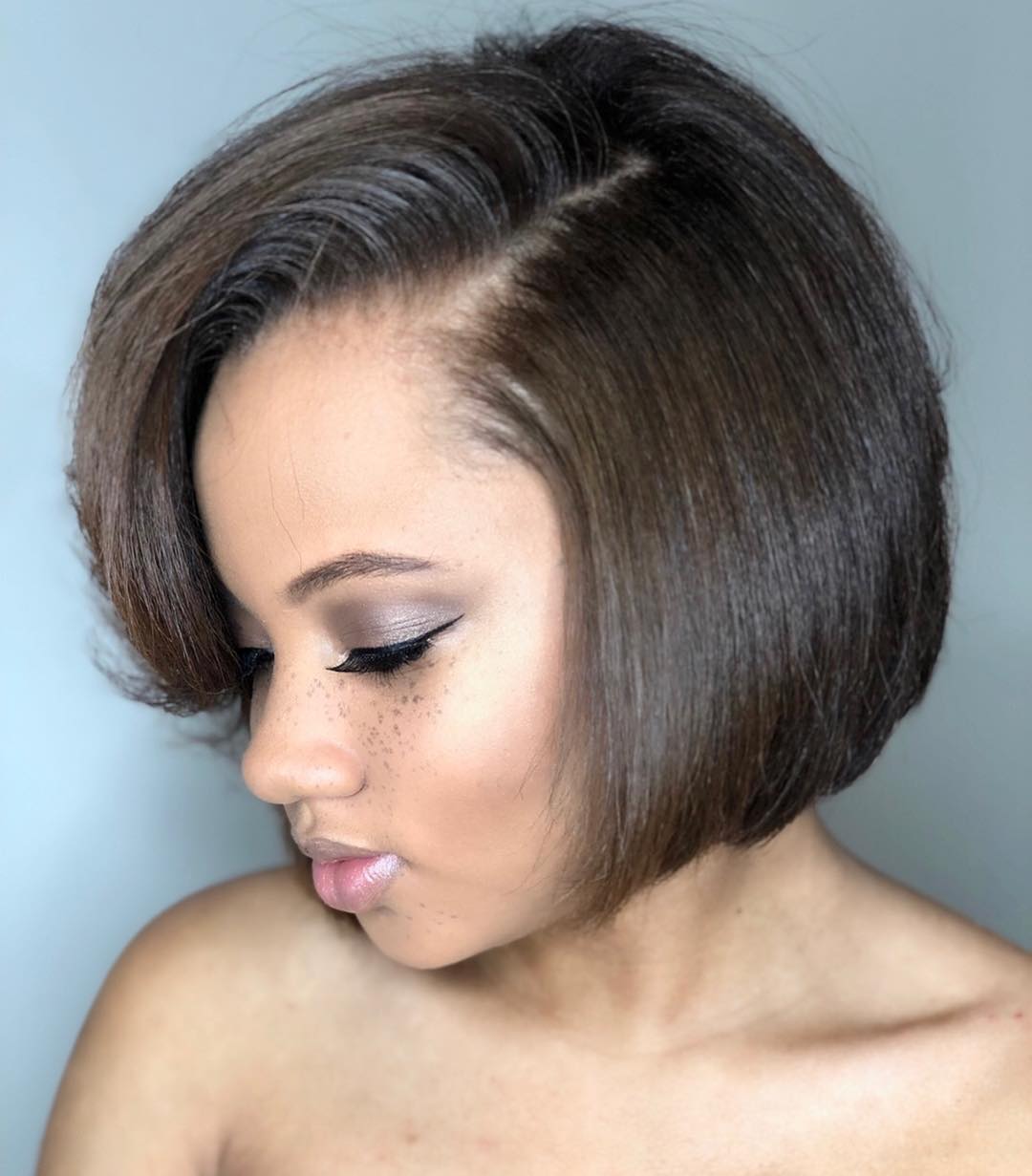 Smooth Chin-Length Bob With Side-Swept Fringe, Dark Brown — Classy Blowout Hairstyles Black Women