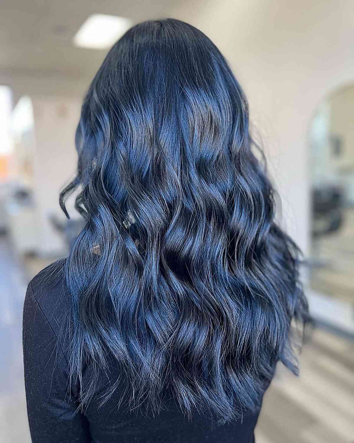 Mid-Back Length Wavy Hair With Subtle Blue Highlights Mid-Back Length Wavy Hair With Subtle Blue Highlights — Classy Blue Highlights