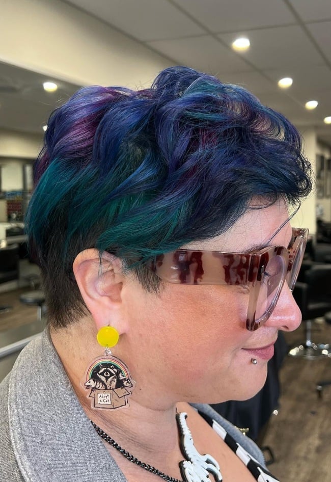 Short Pixie With Blue and Purple Streaks Short Pixie With Blue and Purple Streaks — Classy Blue Highlights