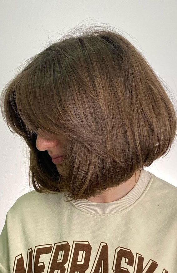 Chin Length Medium Brown Bob Blunt Bangs — Classy Bob Hair