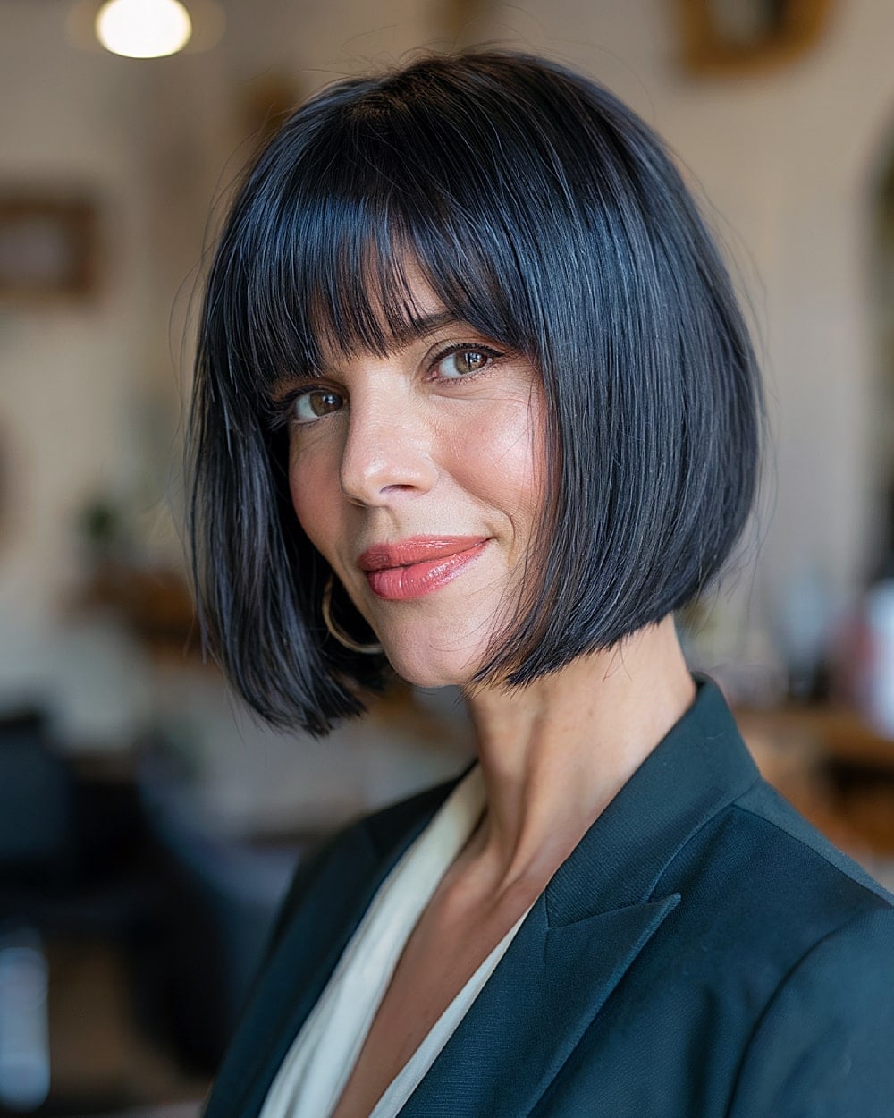 Chin Length Black Bob With Soft Bangs — Classy Bob Hair