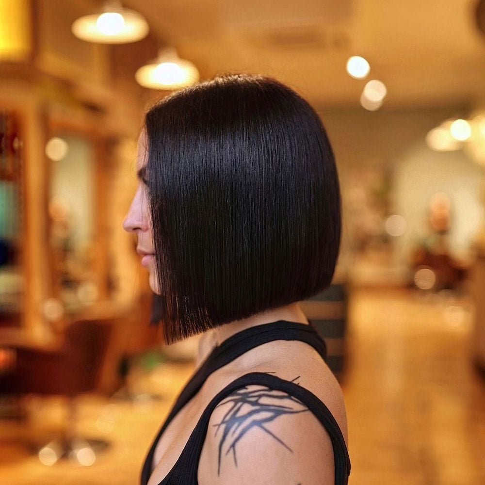Chin Length Black Bob Sharp Line — Classy Bob Hair